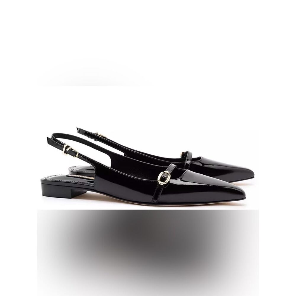 New Larroudé Black Patent Leather Ines Buckled Slingback Flats Size 9